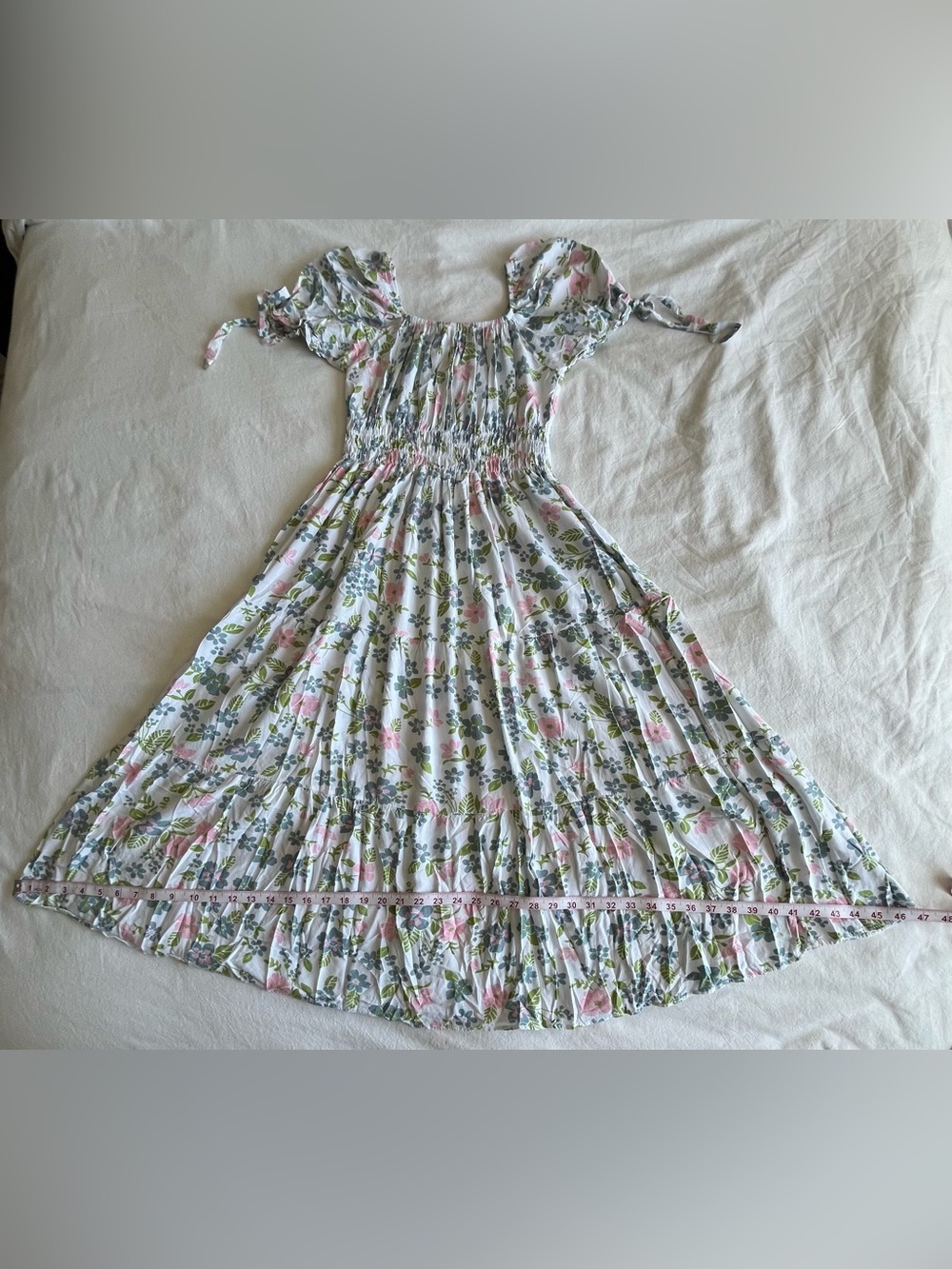 Boho Floral Puff Sleeve Milkmaid Midi Dress Smocked Waist S Romantic Coquette - Picture 11 of 14